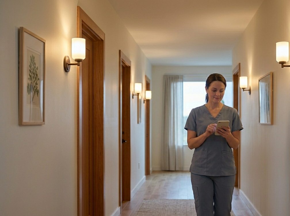 A nurse in the corridor checking a confirmed alert on the device she already carries