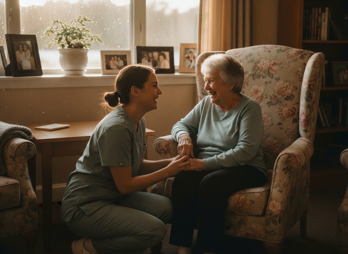 A caregiver kneeling beside a laughing resident in her armchair, holding her hand