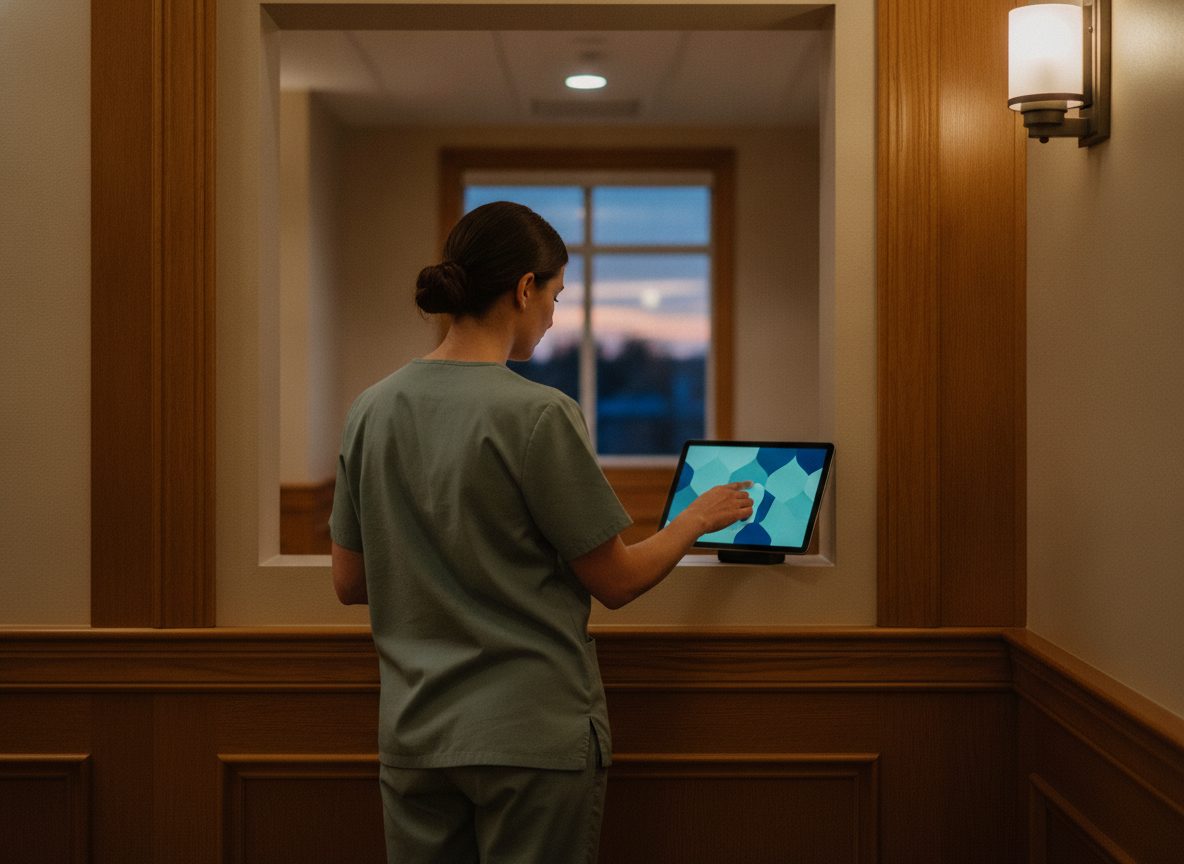 A nurse reviewing a calm monitoring dashboard on a wall-mounted tablet at dusk